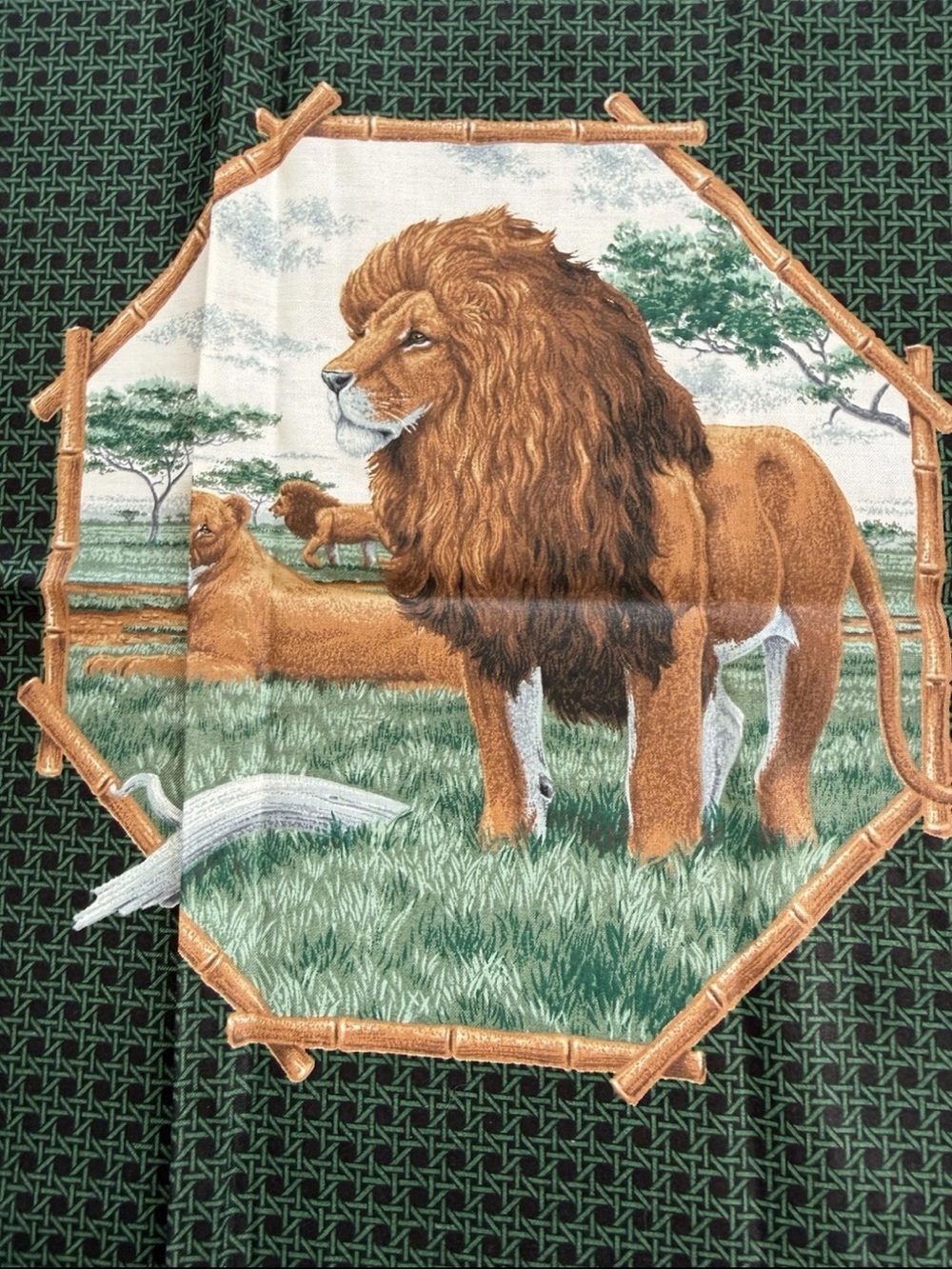 VTG Cranston Cotton Safari Animal Fabric Panels Lion Elephant Zebra Green Beige